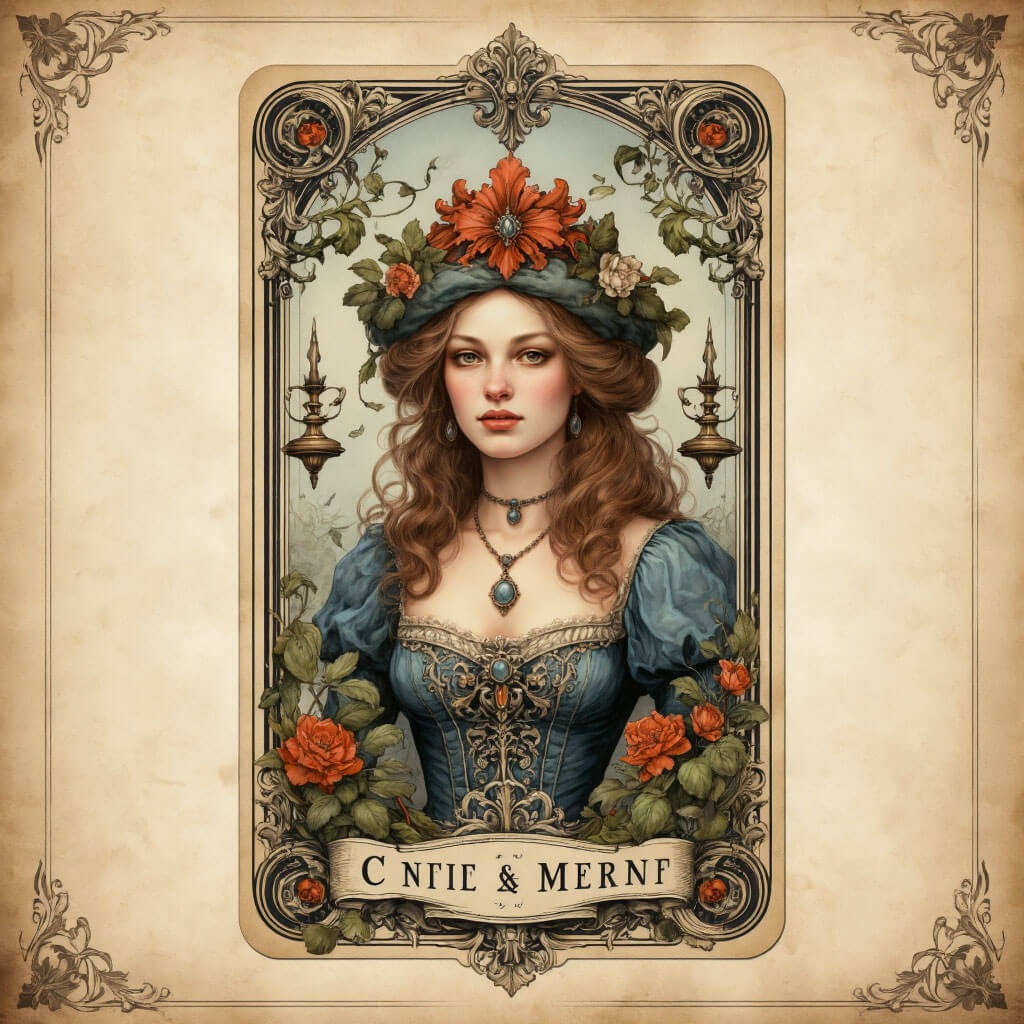 Tarotová karta Císařovna (III) s bohatými symboly plodnosti, přírody a tvůrčí energie, vintage ilustrace v barokním stylu na textuře starého papíru s terakotovými akcenty