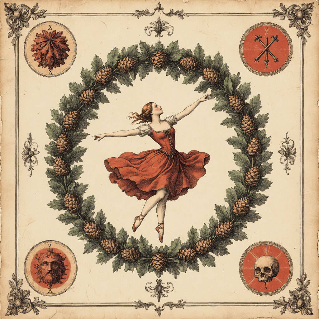 Tarotová karta Svět (XXI) s tanečnicí uvnitř vavřínového věnce obklopené čtyřmi symboly, vintage ilustrace v renesančním stylu na starém papíře s terakotovými detaily