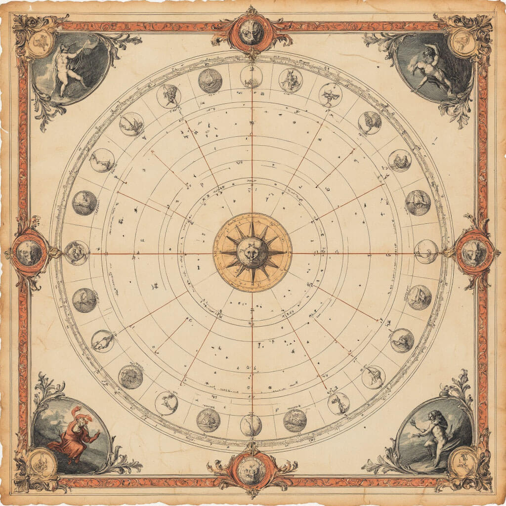 Vintage hvězdná mapa z 17. století s detailními ilustracemi souhvězdí, zvěrokruhu a planetárních drah na pergamenovém papíře s terakotovými linkami a ručně kreslenými ornamenty