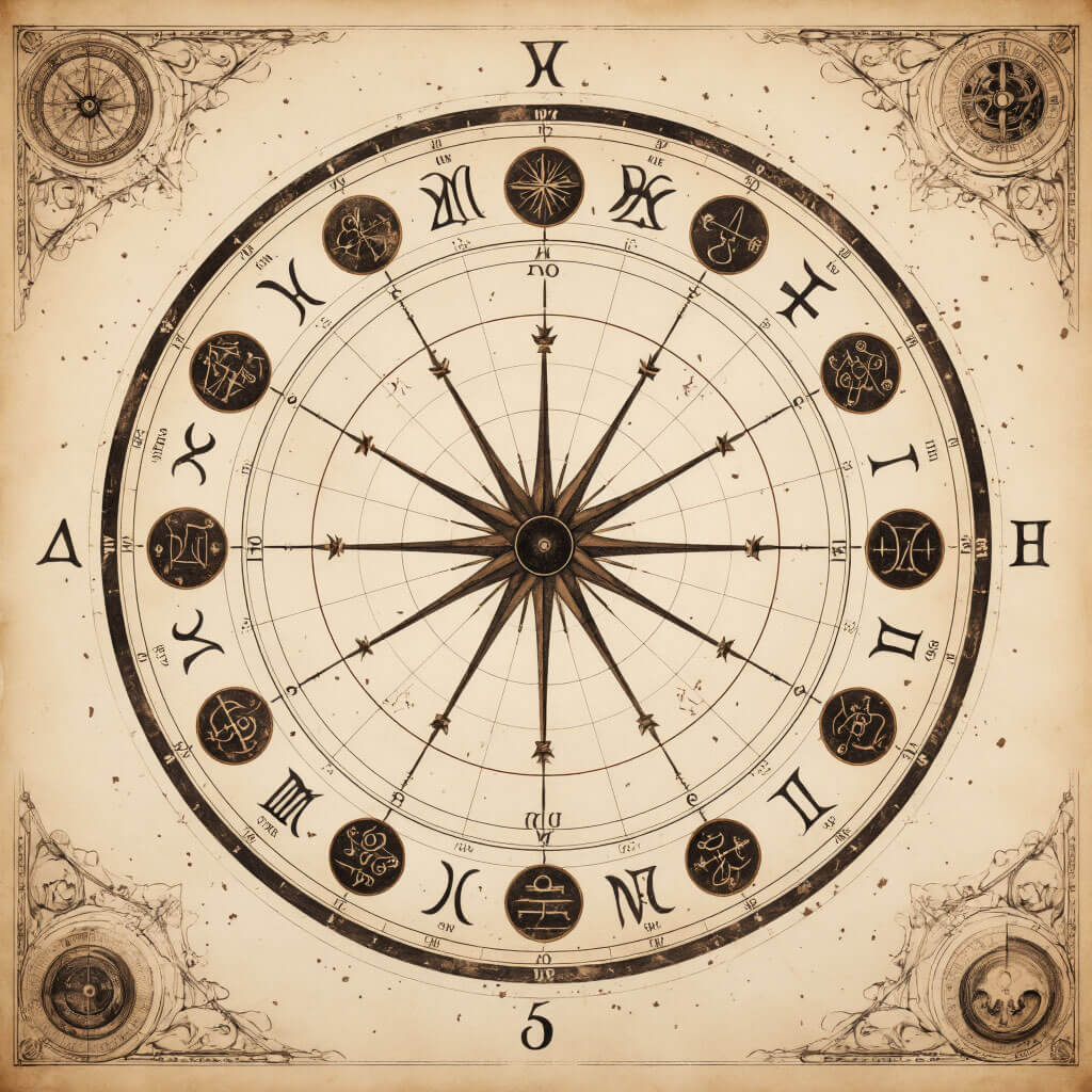 Vintage ilustrace osobního horoskopu s hvězdnou mapou a zvěrokruhem na textuře starého papíru s terakotovými detaily a ručně kreslenými symboly